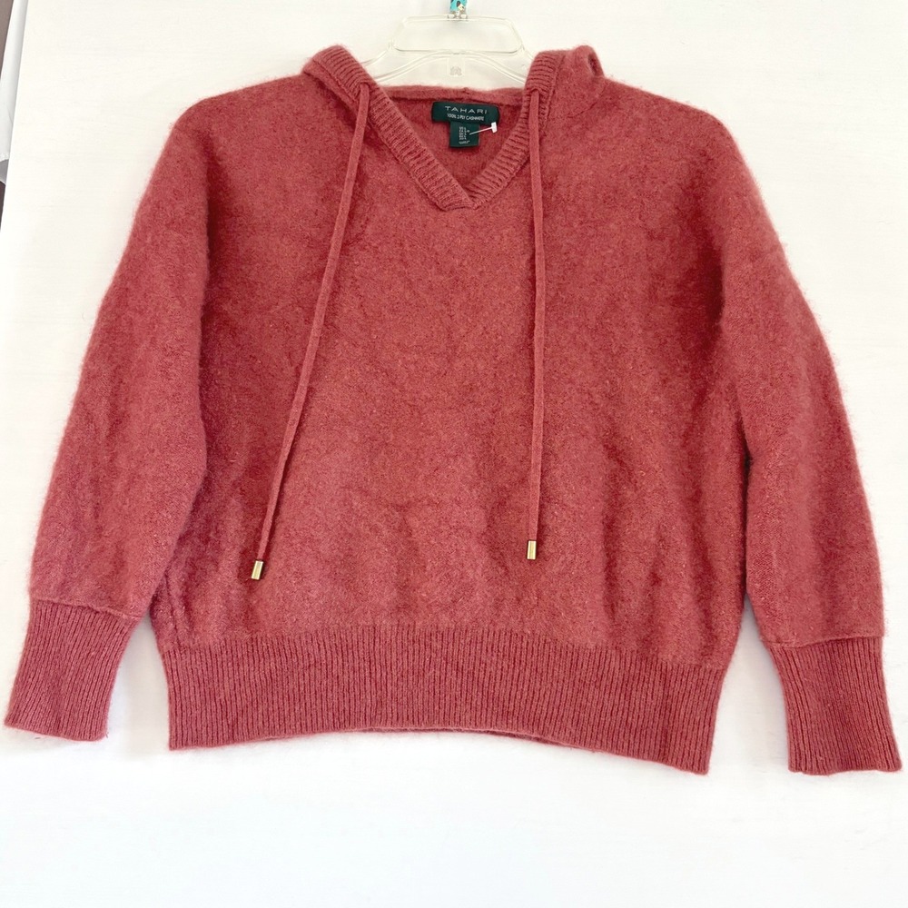 Tahari Womens 100% 2-Ply Cashmere Hoodie Sweater Rosewood Pink Size Large